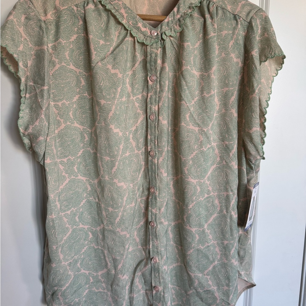 Joie Peter Pan Collar Green and Pink Blouse with Button Detail, Scallop Sleeve